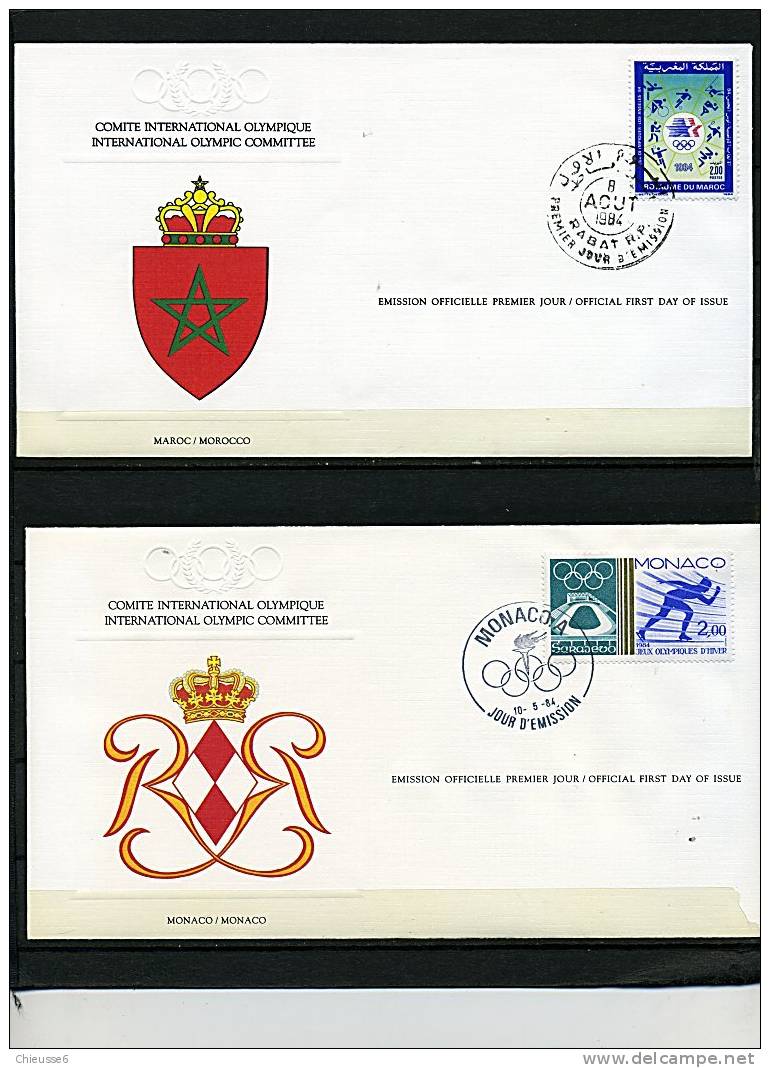 J.O. 1984 - Lot De 5 Env. 1er Jour - Maroc , Monaco : Patinage, Mongolie : Ski, Montserrat : Disque, Mozambique : Foot - Ete 1984: Los Angeles