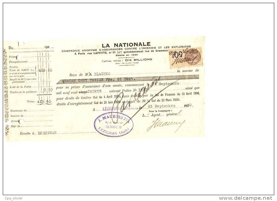 FACTURE 11 LEZIGNAN CORBIERES Assurance, La Nationale, Agence Maurios, Timbre Fiscal, 1930 - Banque & Assurance