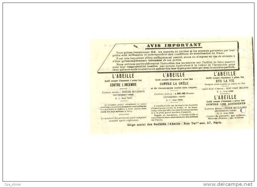 FACTURE 11 LEZIGNAN CORBIERES Assurance, L'Abeille, Agence Fons, Incendie, Timbre Fiscal, 1930 - Banque & Assurance