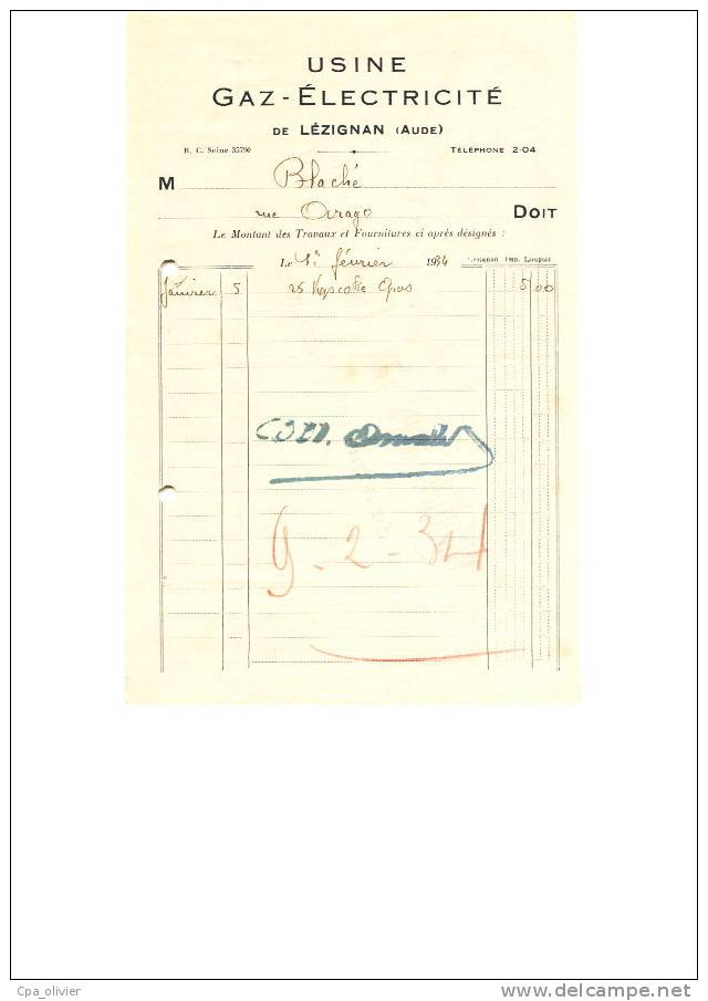 FACTURE 11 LEZIGNAN CORBIERES Usine Gaz Et Electricité, 1934 - Elettricità & Gas