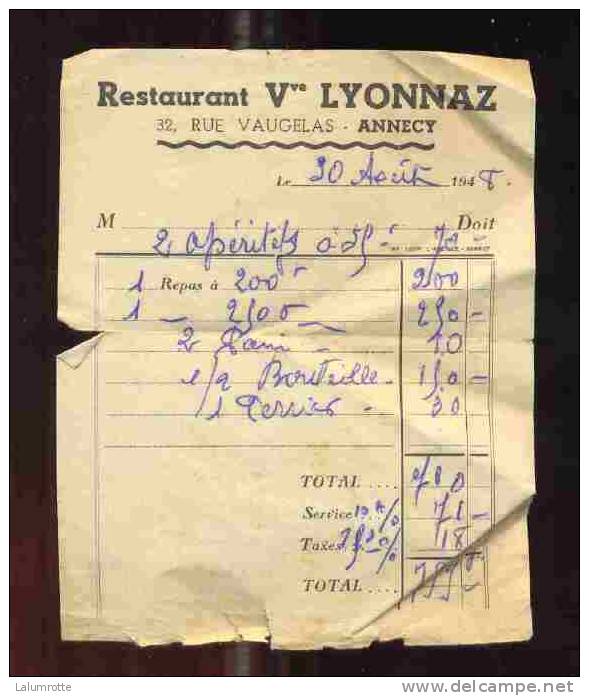 Pu. Z2. Publicité Du Restaurant Vve LYONNAZ. 32, Rue Vaugelas Annecy En 1948. - Publicidad