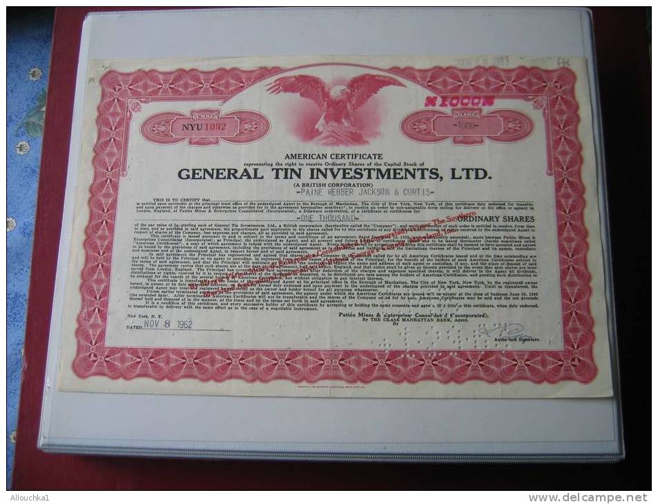 ACTION & TITRES:   AMERICAN CERTIFICATE GENERAL TIN INVESTISSEMENT LTD/BRITISH CORPORATION PERFINS/1962/ PERFORES - Bank En Verzekering