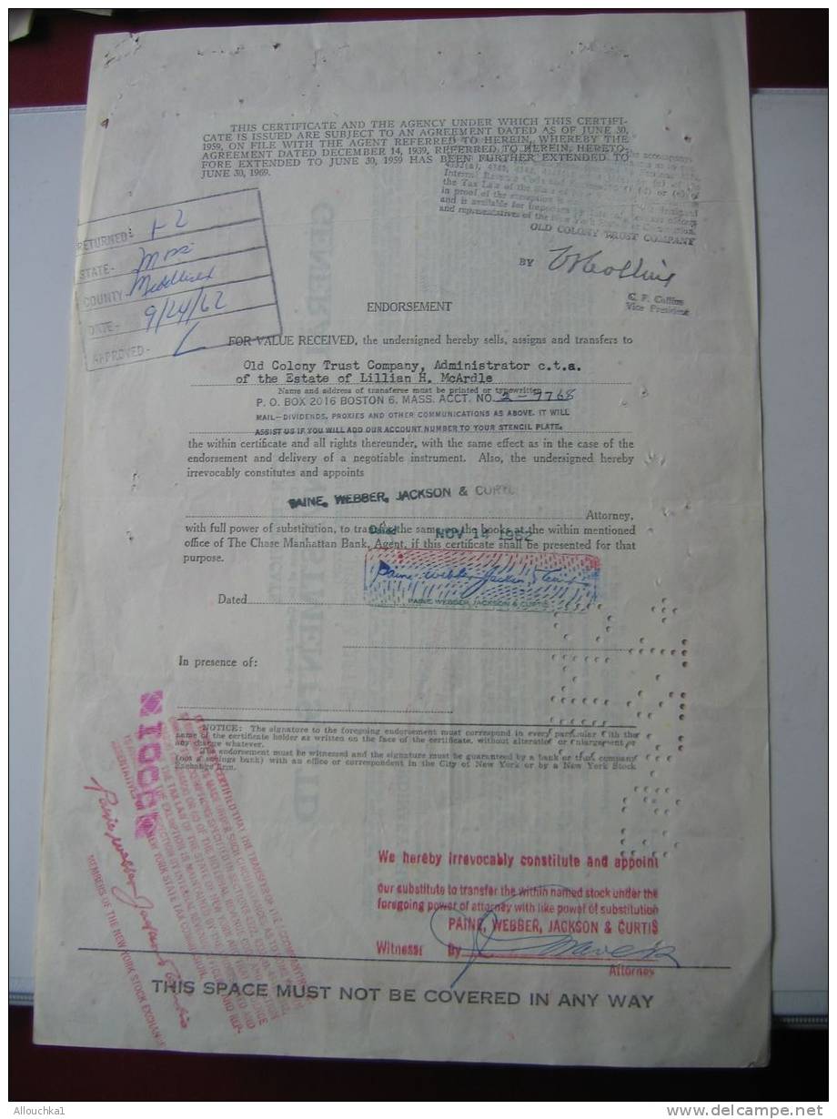 ACTION & TITRES:   AMERICAN CERTIFICATE GENERAL TIN INVESTISSEMENT LTD/BRITISH CORPORATION PERFINS/1962/ PERFORES - Bank En Verzekering