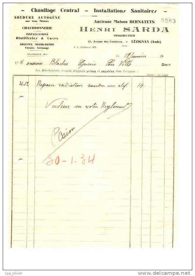 FACTURE 11 LEZIGNAN CORBIERES Chaudronnerie, Sarda H., Chauffage Central, Installations Sanitaires, Soudure, 1934 - Autres & Non Classés