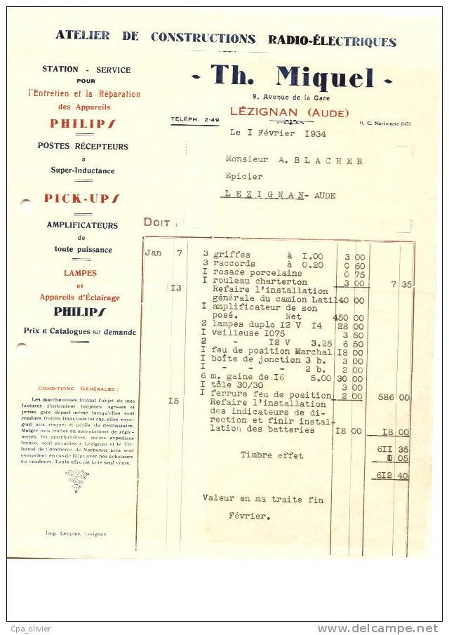 FACTURE 11 LEZIGNAN CORBIERES Electricité Miquel Th., Av De La Gare, Station Service Lampes Philips Radio, Pick Up, 1934 - Electricité & Gaz