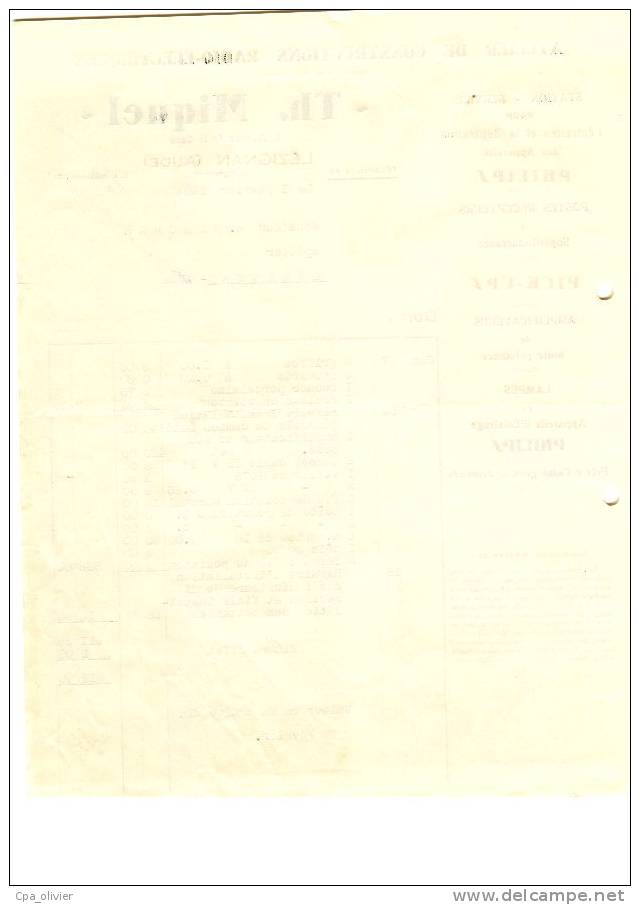 FACTURE 11 LEZIGNAN CORBIERES Electricité Miquel Th., Av De La Gare, Station Service Lampes Philips Radio, Pick Up, 1934 - Electricité & Gaz