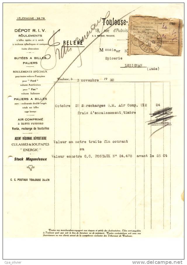 FACTURE 31 TOULOUSE Garage, Toulouse Accessoires, Rue D'Aubuisson, Stock Magondeaux, Roulements, Culasses Energic, 1930 - Automobile