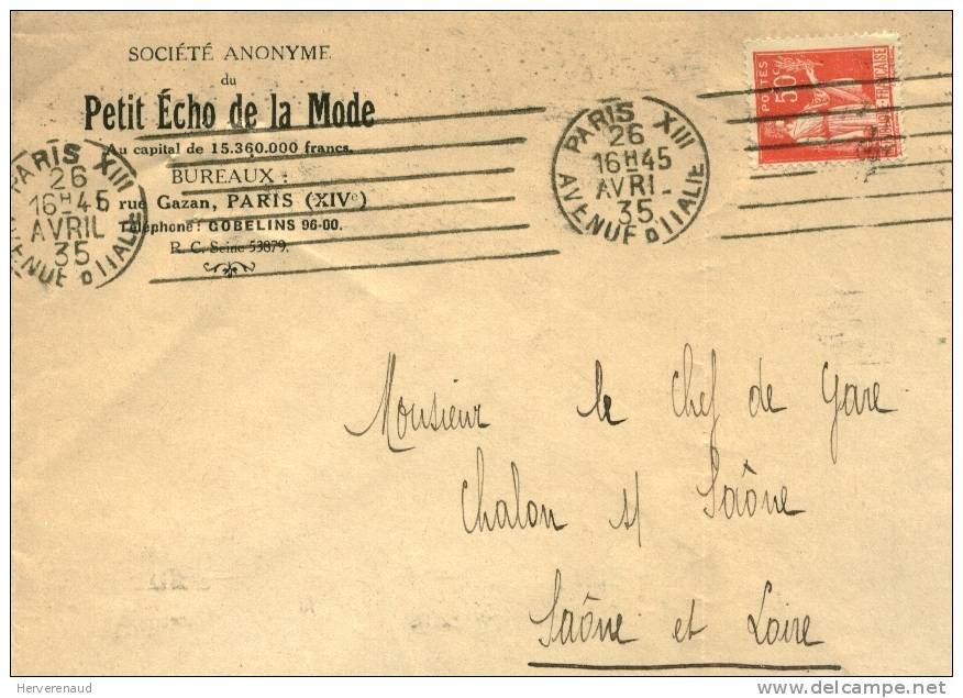 Paix 283 Sur Lettre  "Le Petit Echo De La Mode" à Paris, Pour  Chalon-sur-Saône - 1932-39 Paix