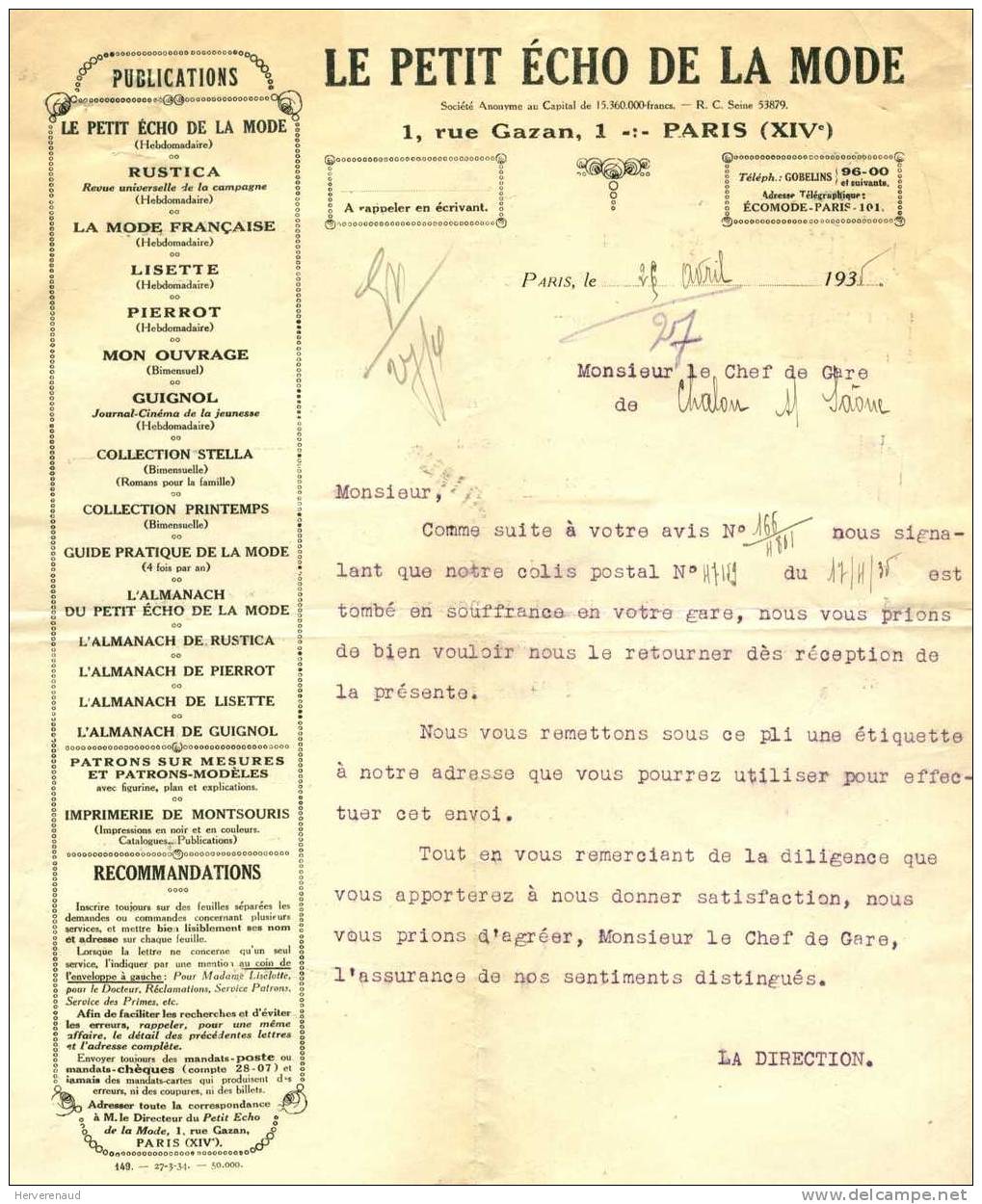 Paix 283 Sur Lettre  "Le Petit Echo De La Mode" à Paris, Pour  Chalon-sur-Saône - 1932-39 Paix