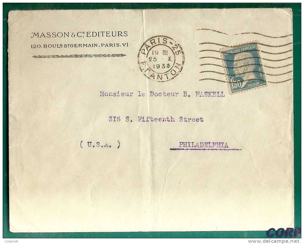 FRANCE - 1930 COVER  From PARIS To Philadelphia - Type Pasteur  - Yvert # 181 Seul Sur Lettre - 1922-26 Pasteur