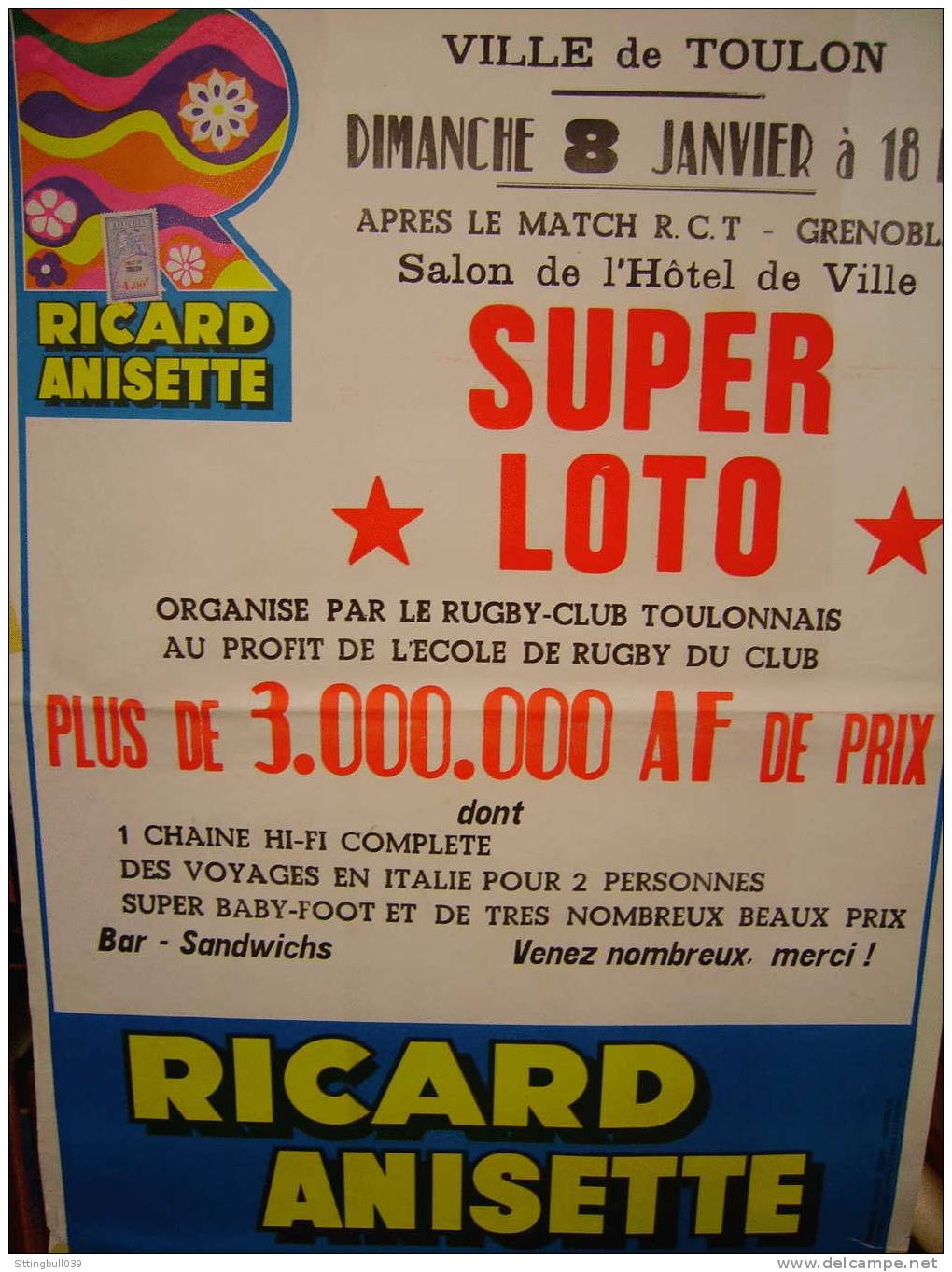 AFFICHE RUGBY CLUB TOULONNAIS. SUPER LOTO Organisé Par Le Rugby Club Toulonnais. 1980. RARE ! - Rugby