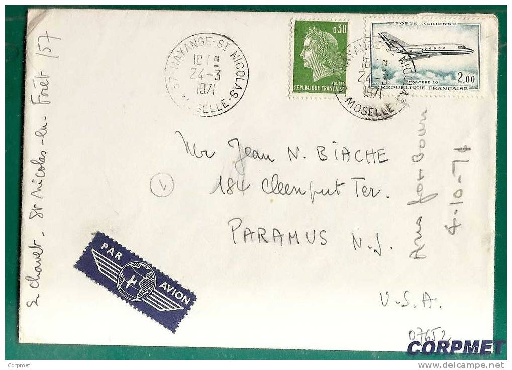 FRANCE - 1971 COVER - Type Marianne De Cheffer   -Yvert # 1611+ Aerien 42 From HAYANGUE - St. NICOLAS To PARAMUS - 1967-1970 Marianne De Cheffer