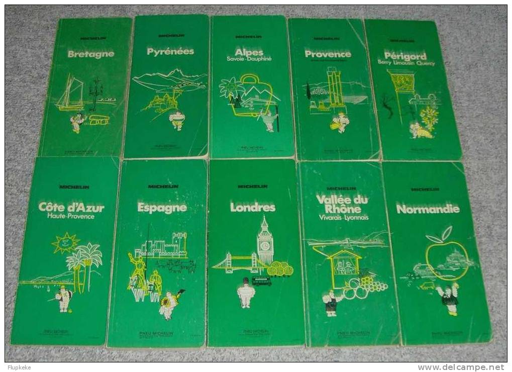 Guides Michelin Vert Lot De 10 Guides Alpes Provence Pyrenées Bretagne Périgord Londres Espagne Azur Normandie Rhône - Michelin-Führer