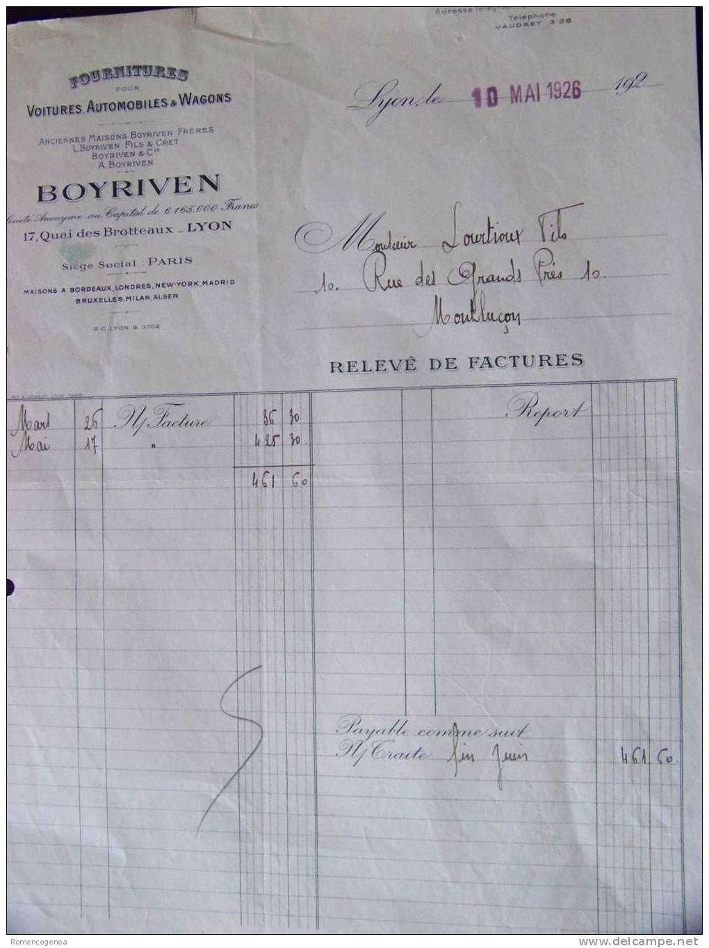 LYON - Facture Des Ets. Boyriven - Fournitures Pour Voitures, Automobiles & Wagons - 10 Mai 1926 - Pour MONTLUCON - Automobile