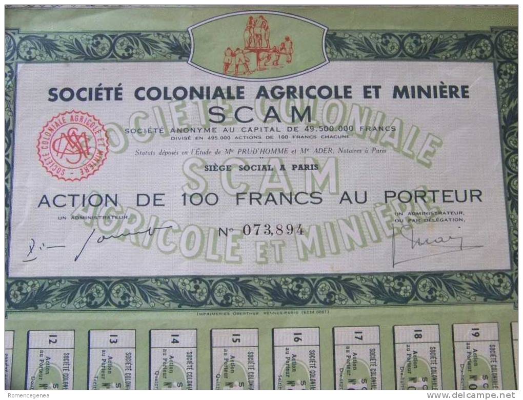 Action De La SOCIETE COLONIALE, AGRICOLE Et MINIERE - PARIS - Présence De 16 Coupons Sur 20 - Mijnen