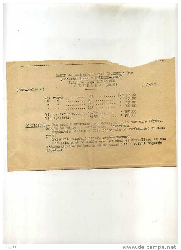 - COURRIER SUR PAPIER A ENTÊTE "VINS DES COSTIERES DU GARD HERVE ETIENNE & Co." 1947 - Invoices