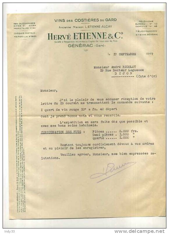 - COURRIER SUR PAPIER A ENTÊTE "VINS DES COSTIERES DU GARD HERVE ETIENNE & Co." 1947 - Factures
