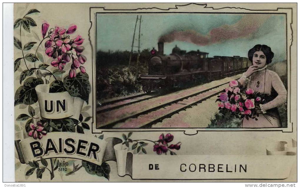 38 Un Baiser De CORBELIN  .  Train  Rail  Jolie Femme Au Bouquet De Roses , Fantaisie - Autres & Non Classés