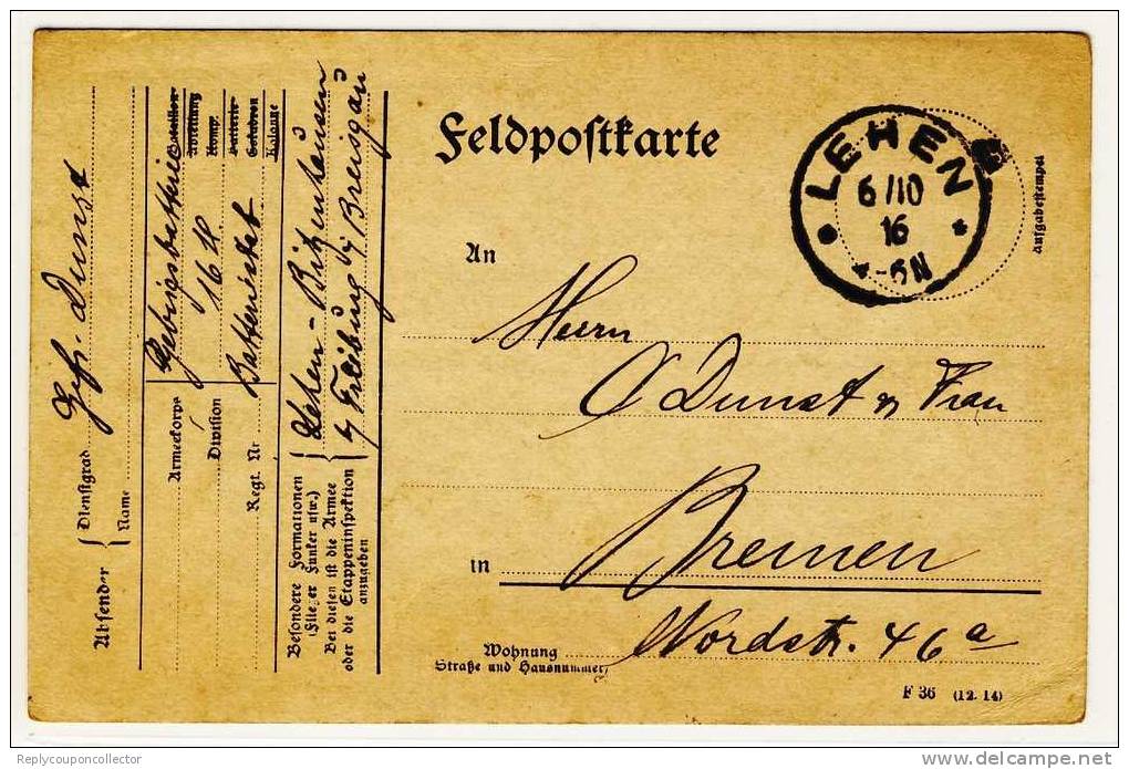 Deutsches Reich - 1916 - Feldpost 1. WK , Karte Von LEHEN / Bitzenhausen Nach Bremen - Briefe U. Dokumente