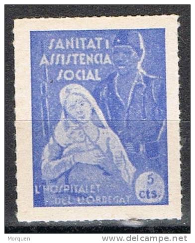 Sello Asistencia Social HOSPITALET, 5 Cts Azul * - Spanish Civil War Labels
