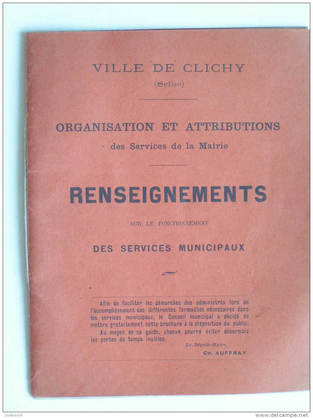 Carnet De Renseigements Des Services Municipaux De La Mairie De CLICHY - 1928 - Ohne Zuordnung