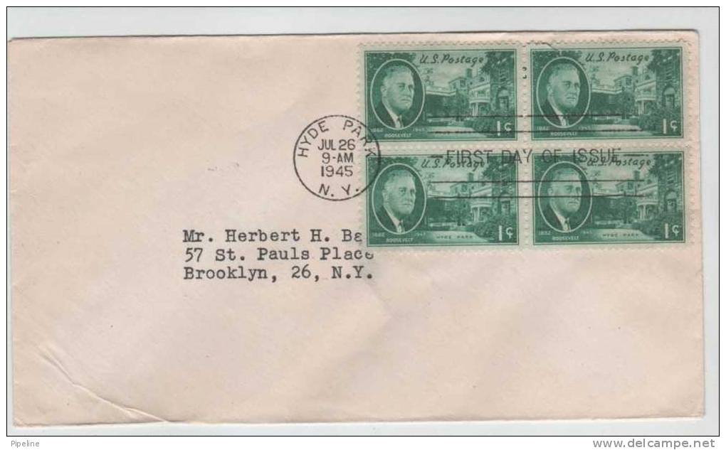 USA FDC Rosevelt 1c In Block Of-4 Hyde Park 26-7-1945 - 1941-1950