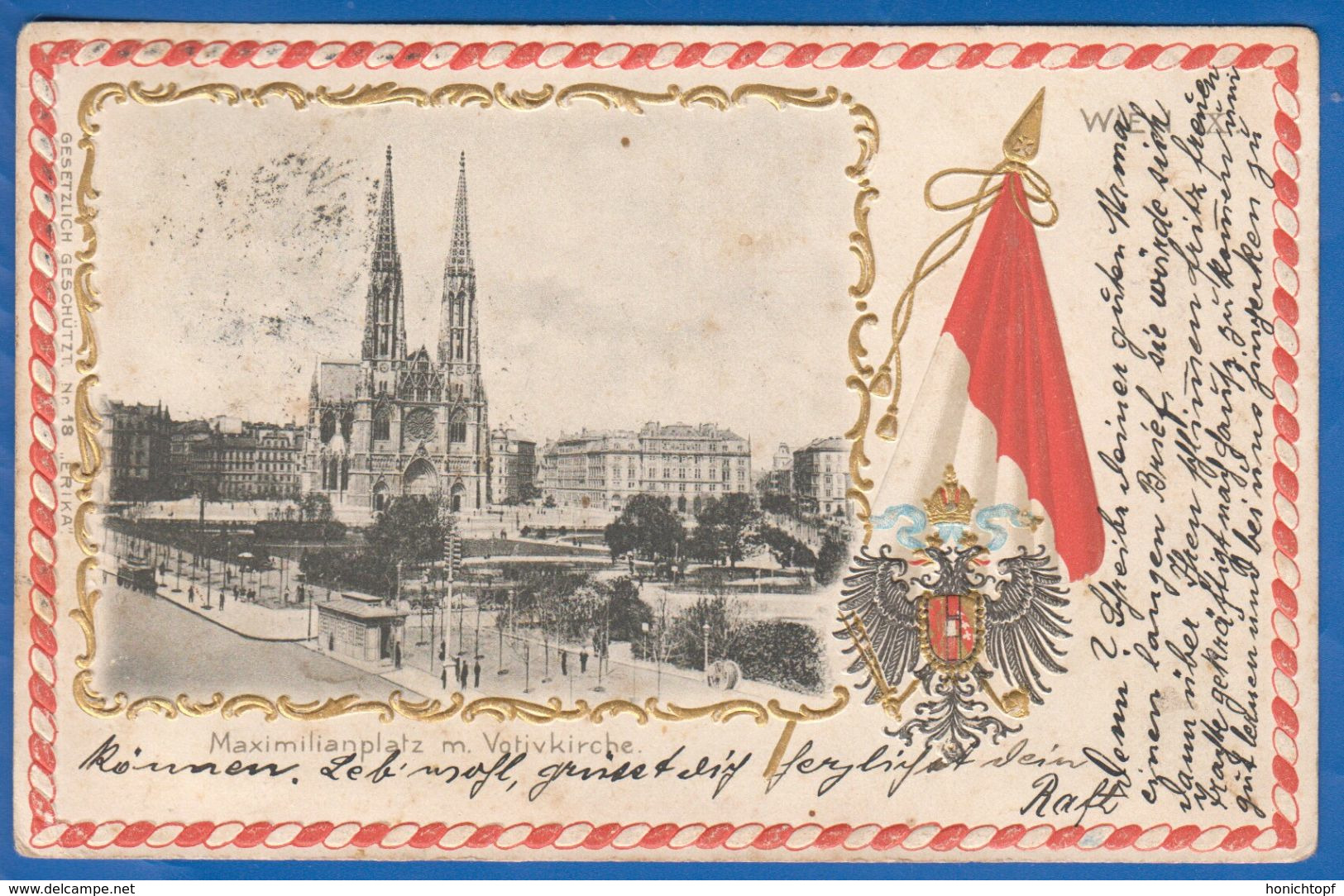 Österreich; Wien; Maximilianplatz Mit Votivkirche; 1903; Prägekarte Mit Goldrand - Wien Mitte