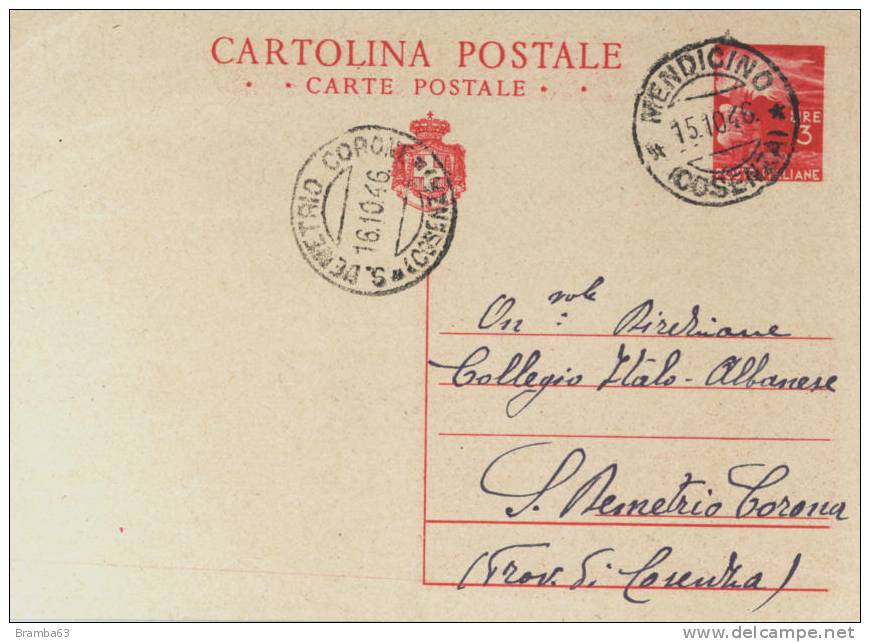 1945 L.3 Viagg.1946 Mendicino / S.Demetrio Corone (C128A Filagr.) - - Interi Postali