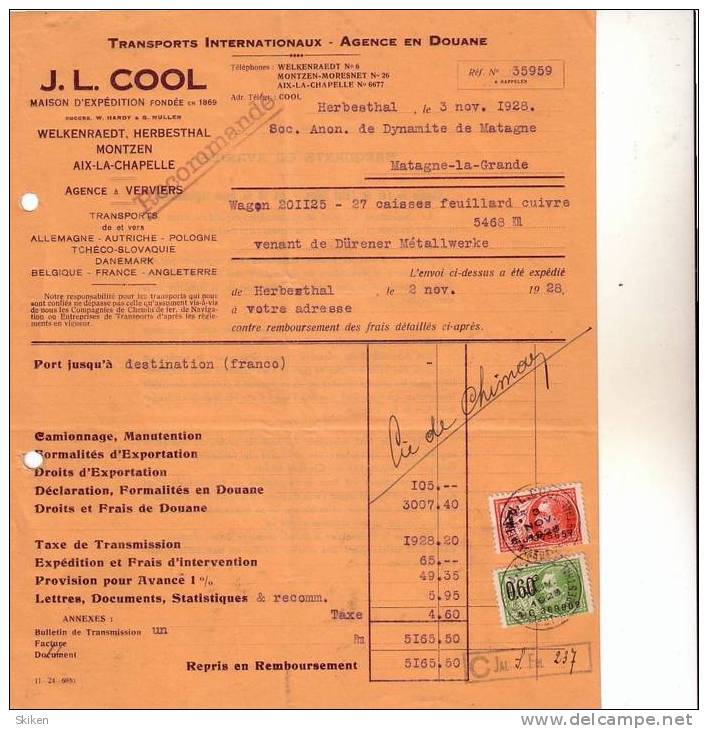 HERBESTHAL VERVIERS AIX-LA-CHAPELLE  J. L. COOL Transports Internationaux Agence En Douane..3.11.1928 - Autres & Non Classés