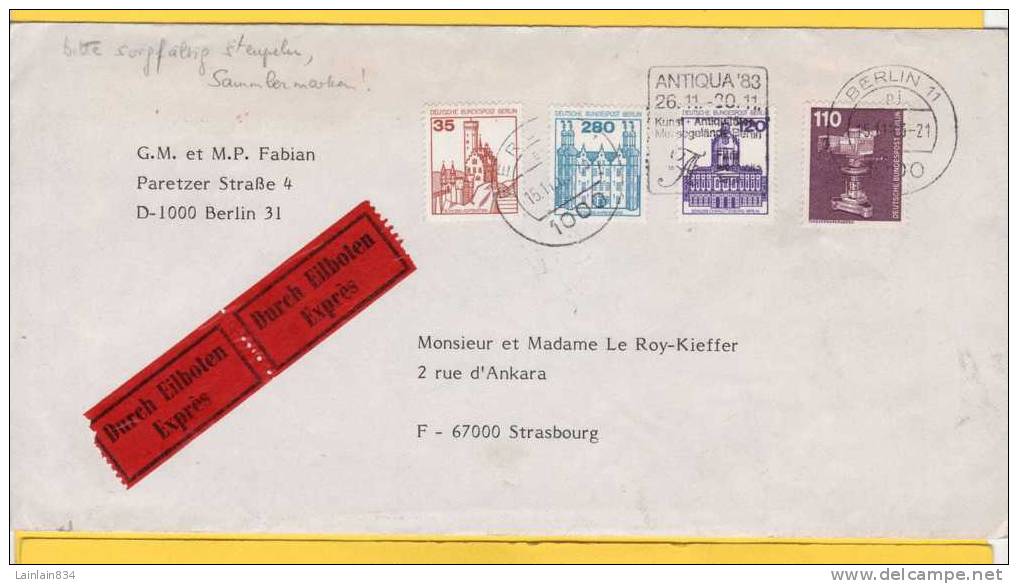 - Cover Berlin -  Exprés Por Strasbourg - Durch Eilbotenrare - Datée 15-11- 1983,  4 Stamps, Très Bon état. - Briefe U. Dokumente