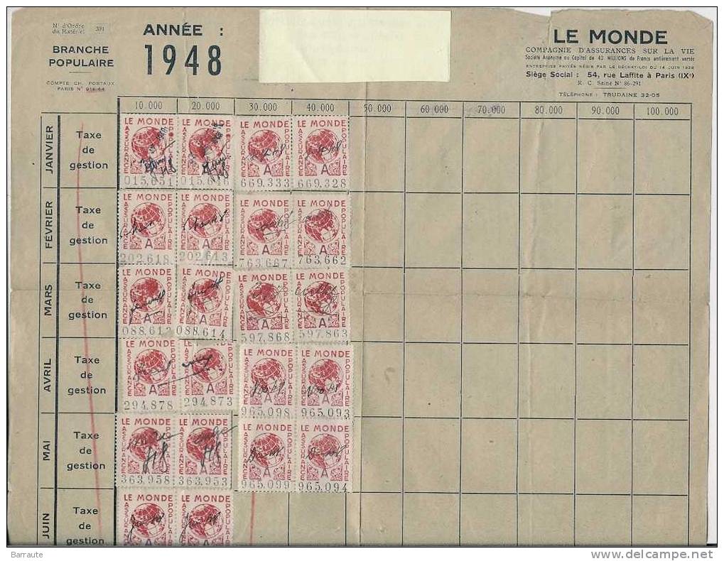 BRANCHE POPULAIRE Assurance Sur La Vie Avec 30 Timbres. De 1948. - Bank En Verzekering