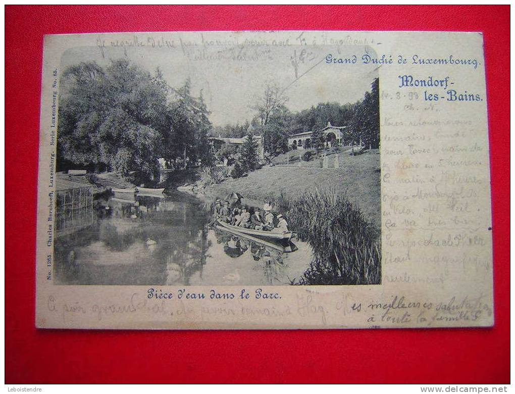 CPA CARTE PRECURSEUR 1898-GRAND DUCHE DE LUXEMBOURG-MONDORF LES BAINS -PIECE D´EAU DANS LE PARC-ANIMEE - - Remich