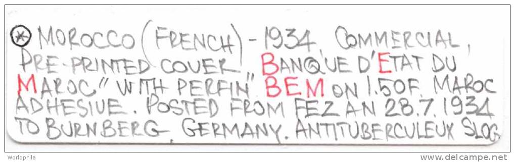 French Maroc-Germany Perfin/Perfore / Gelocht "BEM" , Perforated Initials Letters, TB Slogan Cover 1934 - Perforadas