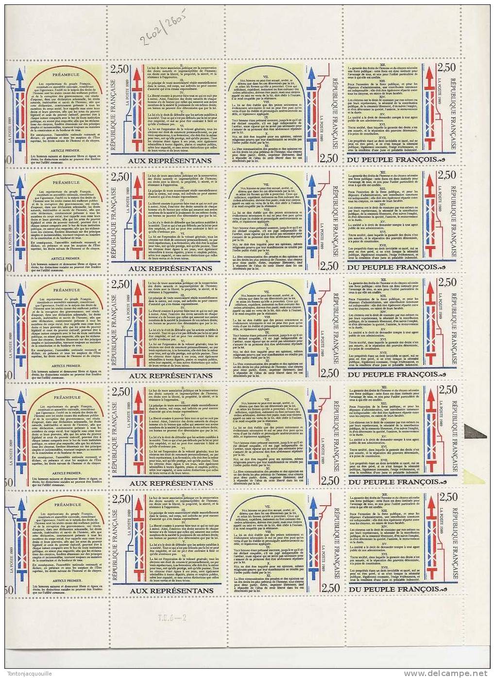 DECLARATION DES DROITS DE L'HOMME ET DU CITOYEN --  FEUILLE DE 20 TIMBRES A 2,50  FRANCS - Feuilles Complètes