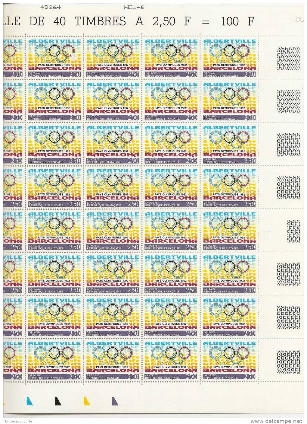 ALBERVILLE - BARCELONE  PAYS OLYPIQUES 1992  --  FEUILLE DE 40 TIMBRES A 2,50  FRANCS - Feuilles Complètes