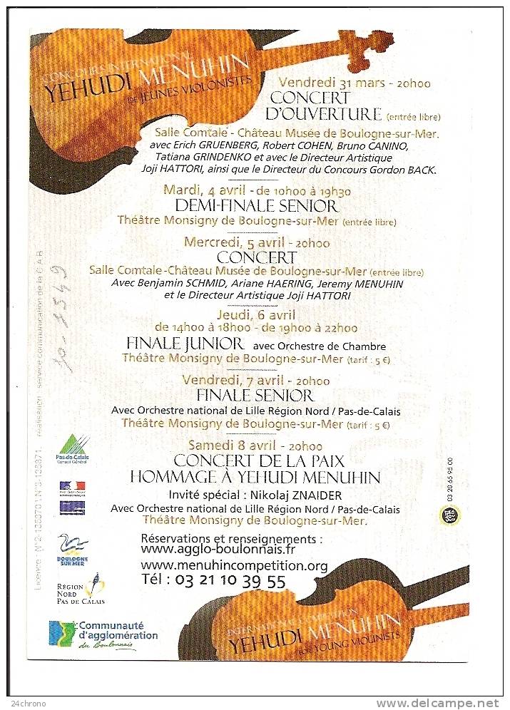 Boulogne Sur Mer: Concours International Yehudi Menuhin De Jeunes Violonistes, Violon (10-1549) - Boulogne Sur Mer