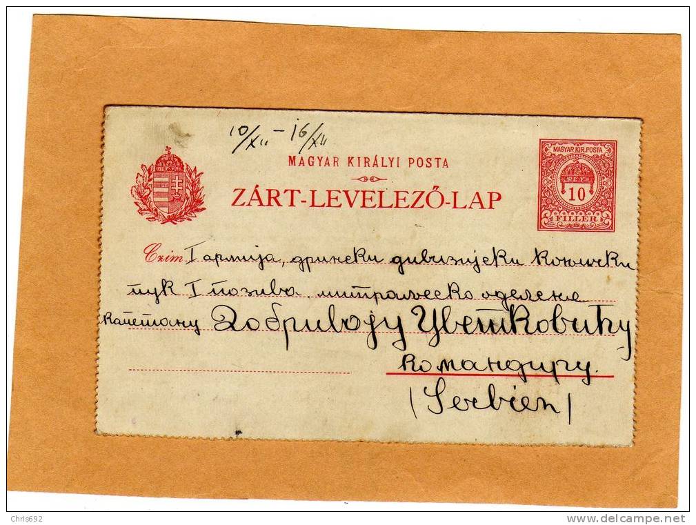 Carte Lettre Entier Postal Hongrois Hongrie Serbie 1912 - Ganzsachen