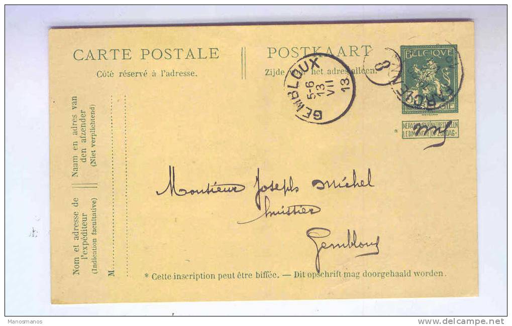 280/12 -  Entier Postal Pellens FARCIENNES 1913 à GEMBLOUX - Cachet Privé Charbonnages Roton-Farciennes § Oignies-Aiseau - Tarjetas 1909-1934
