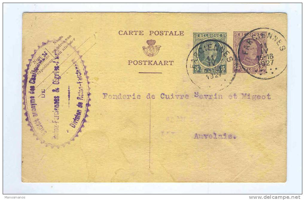 282/12 -  Entier Postal Houyoux FARCIENNES 1927 à Auvelais - Cachet Privé Charbonnages De Roton-Farciennes - Briefkaarten 1909-1934