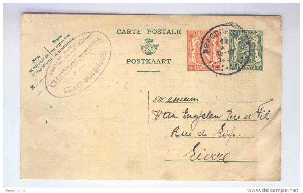 283/12 -  Entier Postal Sceau Etat BRACQUEGNIES 1936 à Lierre - Cachet Privé Charbonnages De Strépy-Bracquegnies - Postkarten 1934-1951