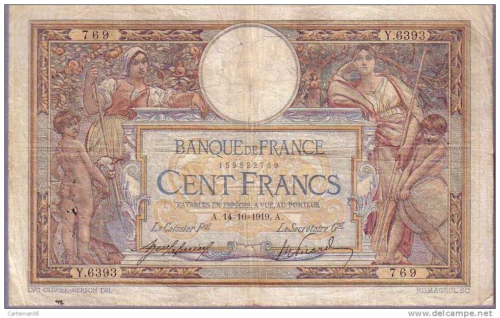 Billet - 100 Francs Merson - 14.10.1919 - Y.6393 - 100 F 1908-1939 ''Luc Olivier Merson''