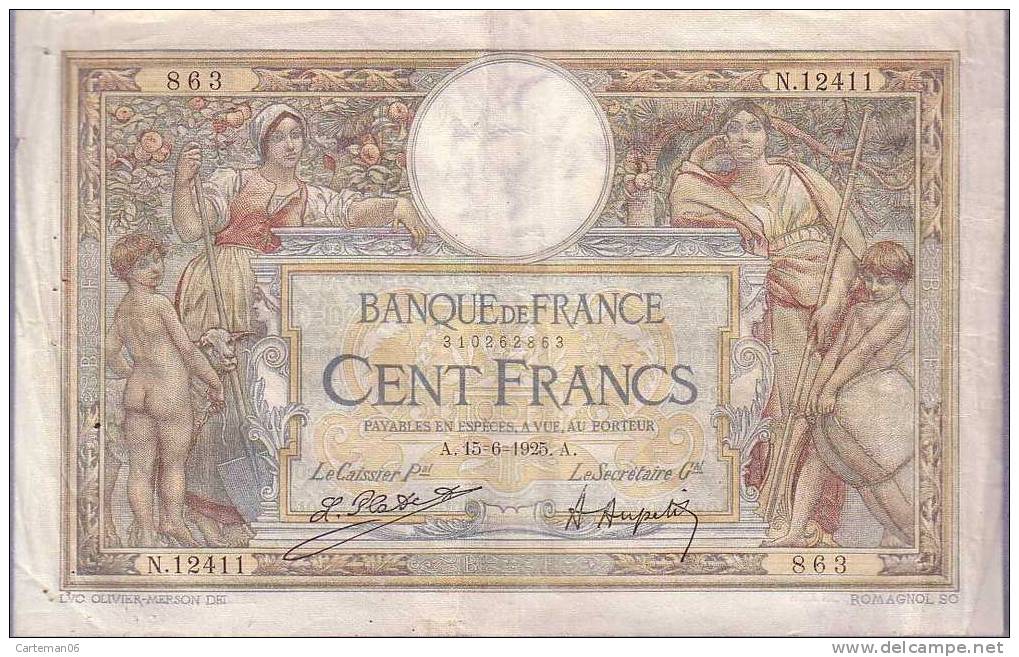 Billet - 100 Francs Merson - 15.6.1925 A - N.12411 - 100 F 1908-1939 ''Luc Olivier Merson''