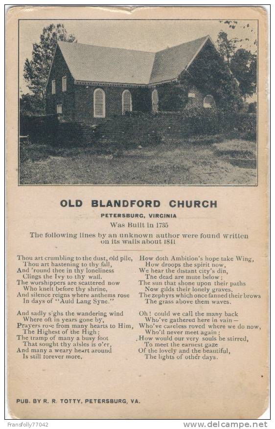 U.S.A. - VIRGINIA - PETERSBURG - OLD BLANDFORD CHURCH - VERSE FOUND ON WALL 1841 - Other & Unclassified