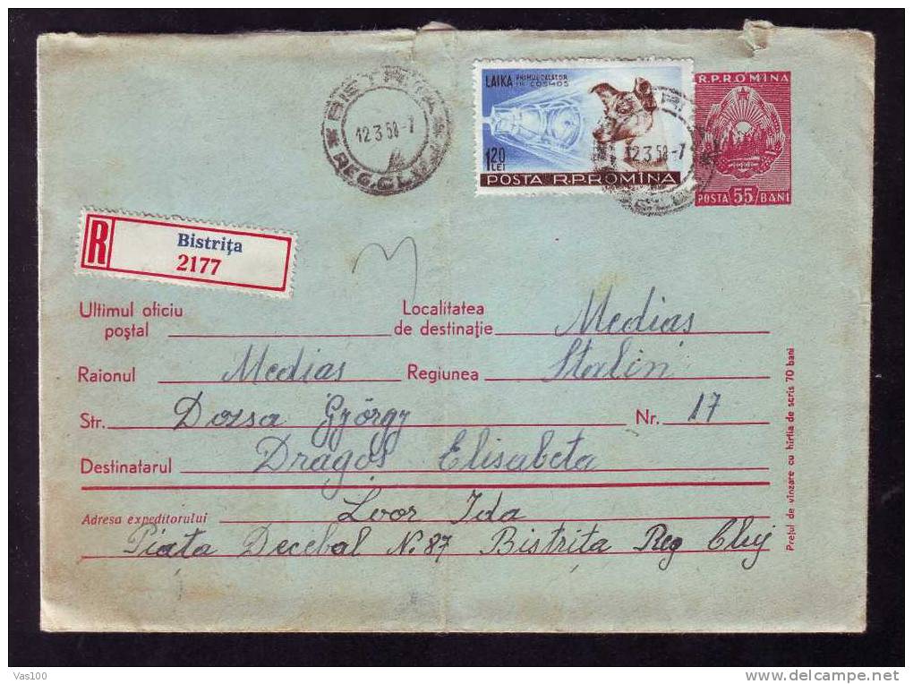 Uprated 1958 Laika First Dog In Espace Stamps On Registred Cover Stationery - Romania. - Europa
