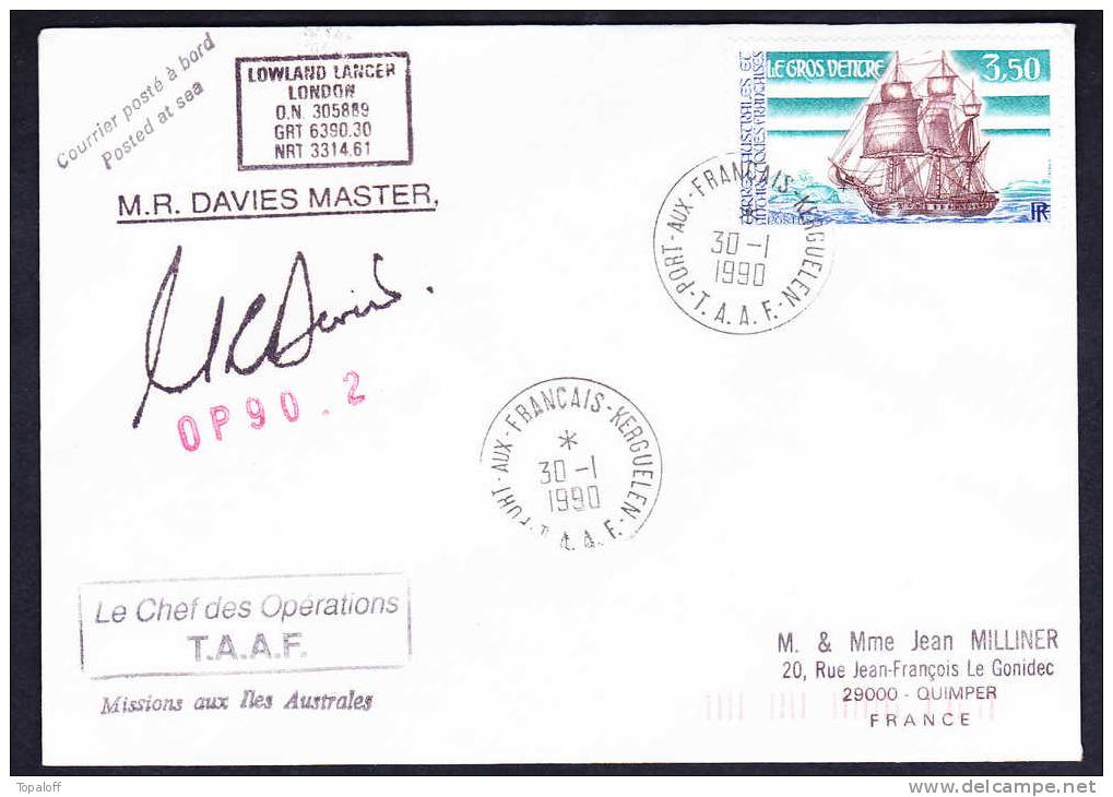 TAAF   Lettre Posté à Bord  Cachet Ford Aux  Francais Kerguelen Signé Davies Master  OP 90-2 - Covers & Documents