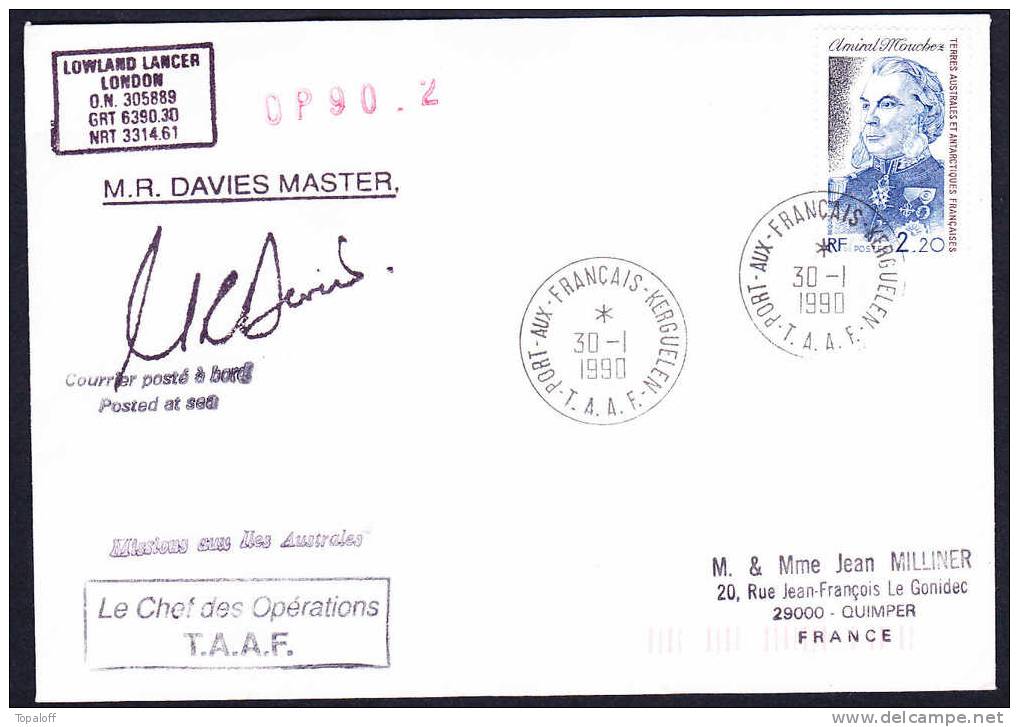 TAAF   Lettre Posté à Bord  Cachet Port Aus Francais Kerguelen    Signé Scan - Brieven En Documenten