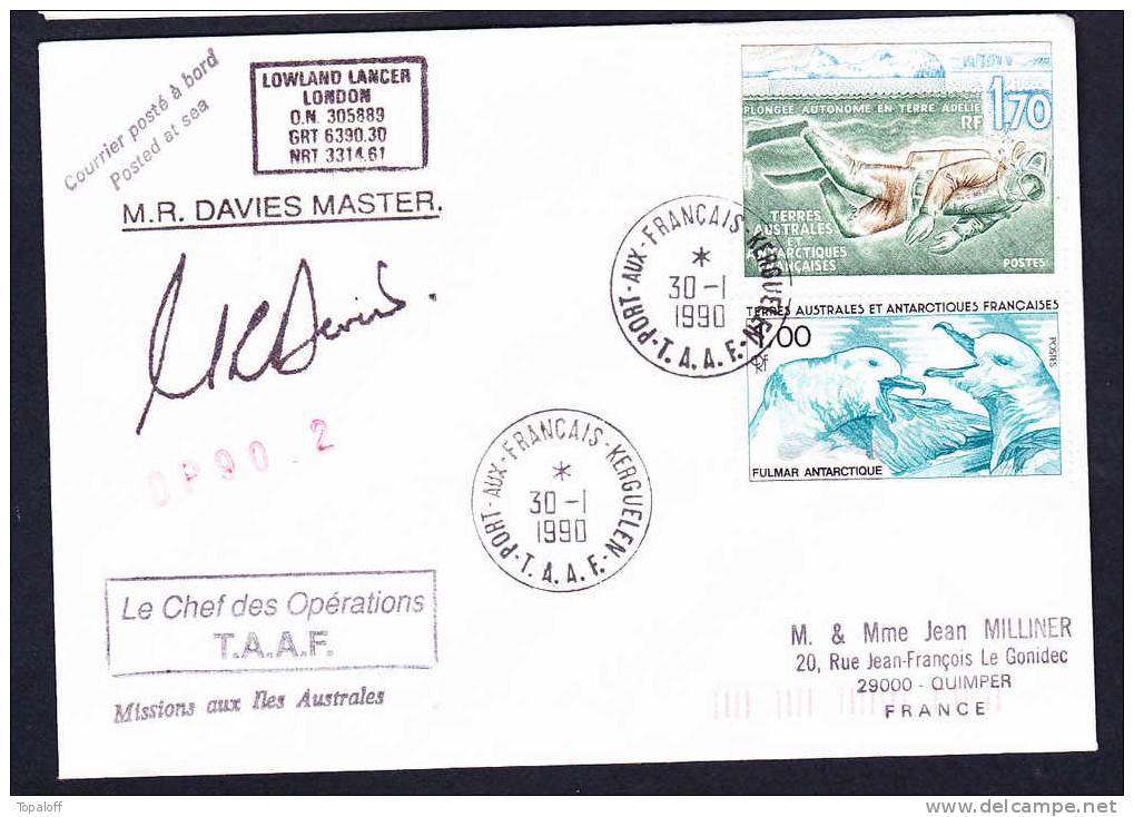 TAAF Courrier Posté à Bord Cachet Port Aus Francais Kerguelen Signé Davies Master Scan - Brieven En Documenten