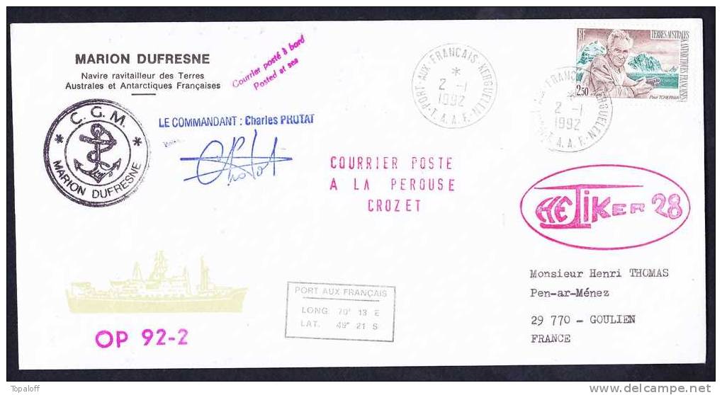 TAAF Courrier Posté à Bord Cachet Port Aux Francais Kerguelen Signé Scan  MARION DUFRESNE - Brieven En Documenten