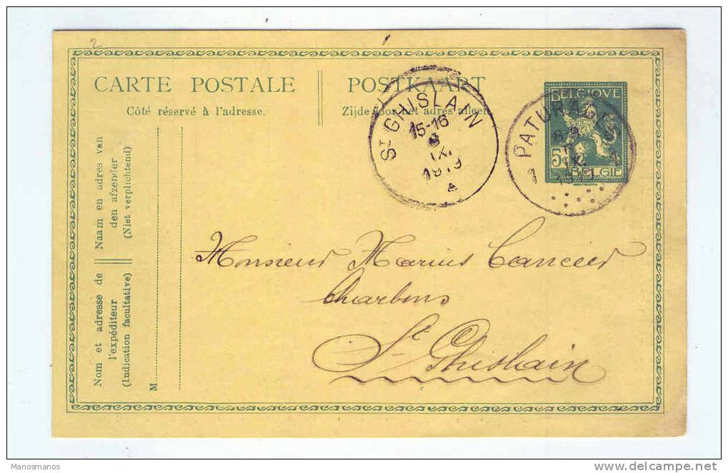 290/12 -  Entier Postal Pellens PATURAGES 1919 à ST GHISLAIN - TB REPIQUAGE Charbonnage De LAMBRECHIES - Postcards 1909-1934