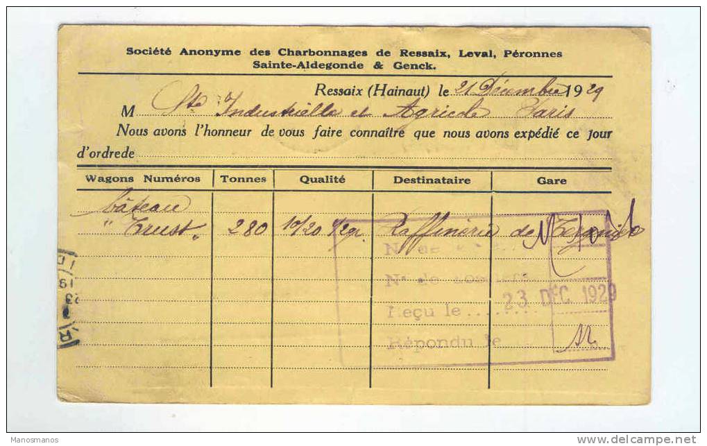 294/12 -  Entier Postal Houyoux HAINE ST PIERRE 1929 à Paris - TB REPIQUAGE Charbonnages De RESSAIX , LEVAL , PERONNES, - Cartes Postales 1909-1934